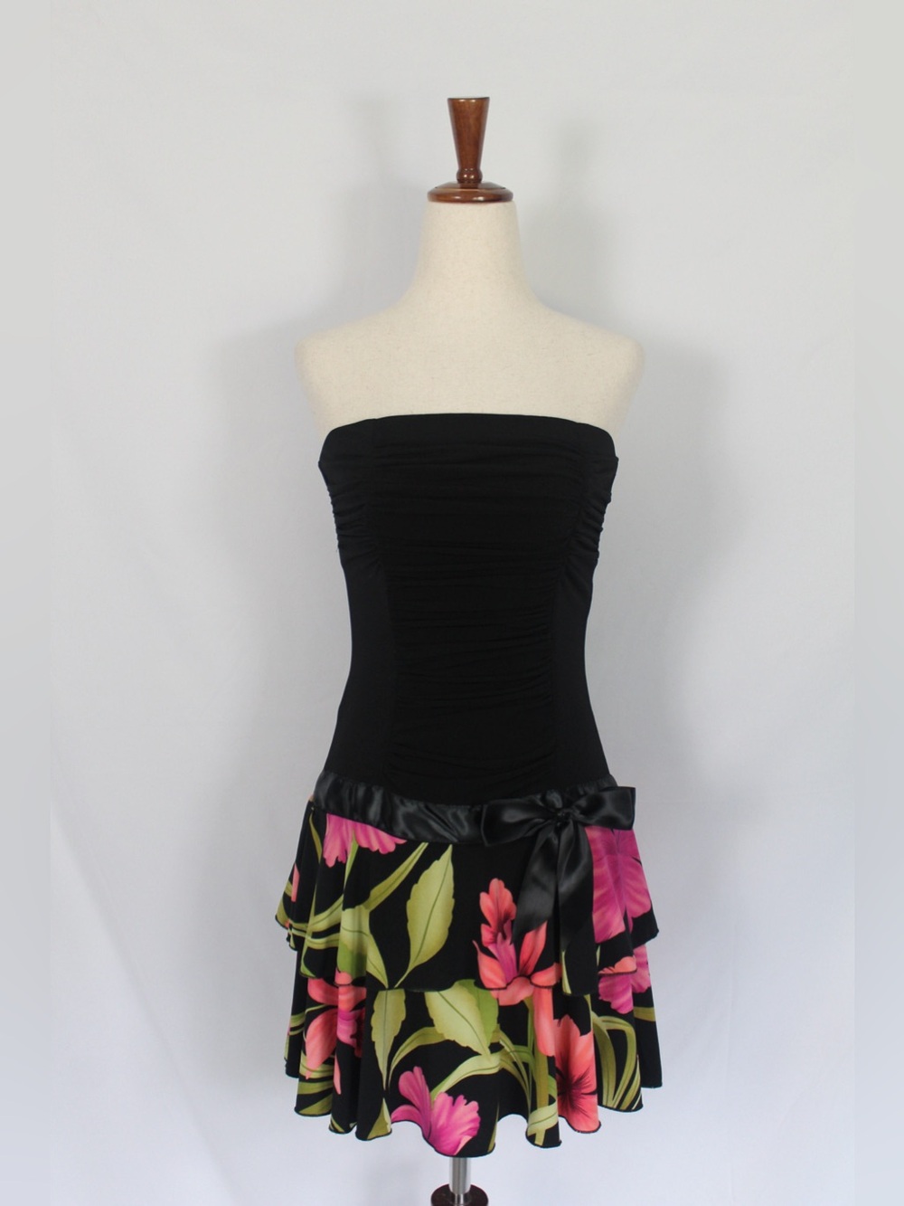 y2k XOXO Black Strapless Dress with Pink & Green Floral Skirt and Satin Bow